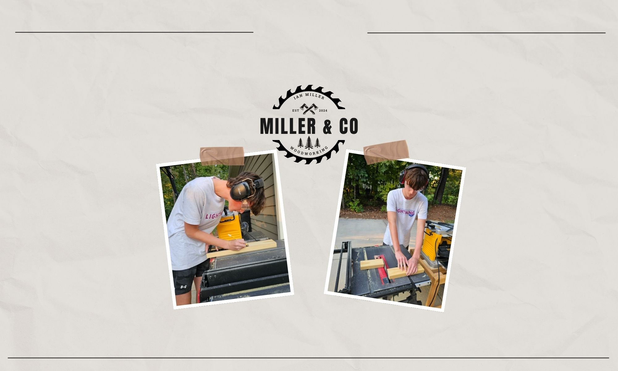 teenage boy working on a table saw with company logo that says Ian Miller, est. 2024, Miller & Co, woodworking