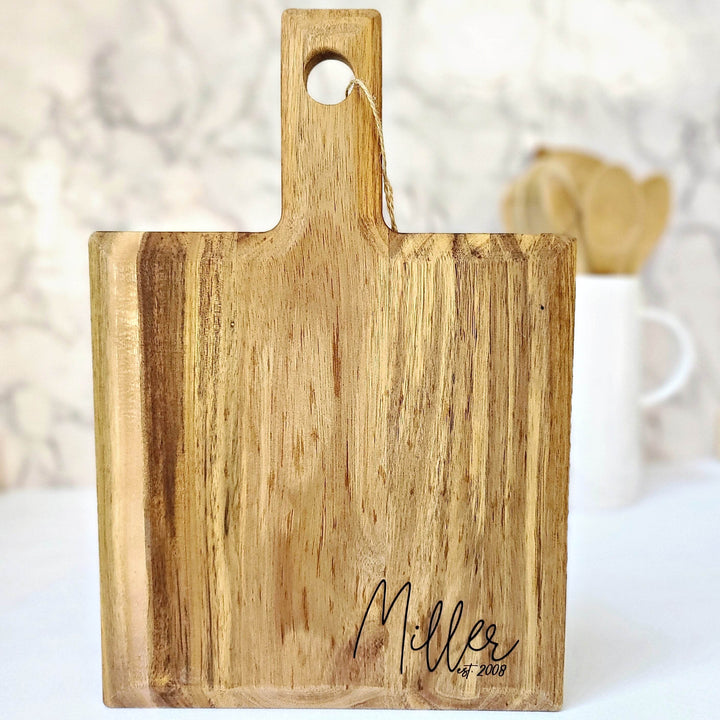 Personalized Engraved Cutting Board with Script Name | Acacia Wood Square Cutting Board - ILYB Designs