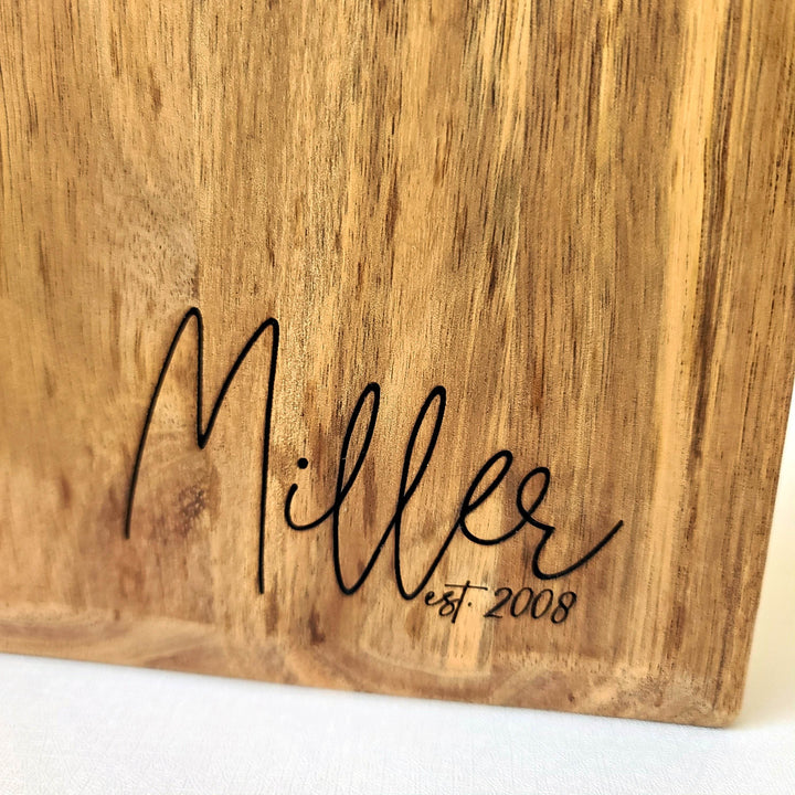 Personalized Engraved Cutting Board with Script Name | Acacia Wood Square Cutting Board - ILYB Designs