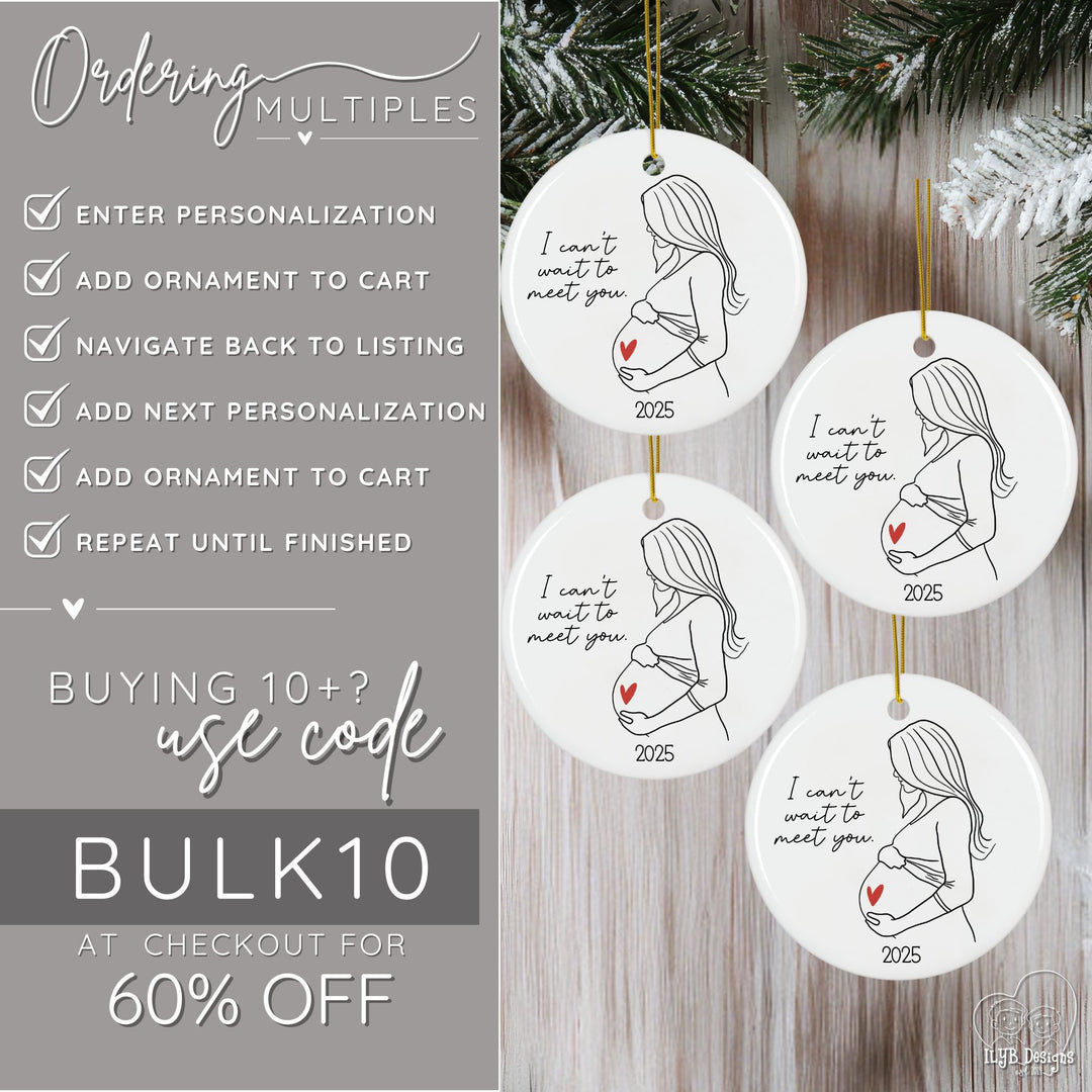 How to ordering multiple ornaments. Enter personalization, add ornament to cart, navigate back to listing, add next personalization, add ornament to cart, repeat until finished. If you're buying 10 or more ornaments, use code BULK10 at checkout for 60% off your order.