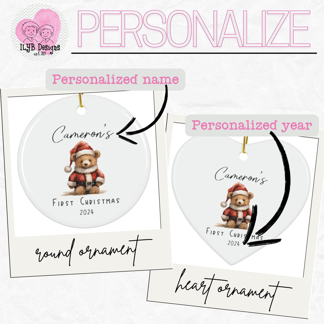 Graphic: Two personalized ornaments with a teddy bear in a Santa hat, one round and one heart-shaped. Arrow points to top personalized name. Arrow points to bottom personalized year.