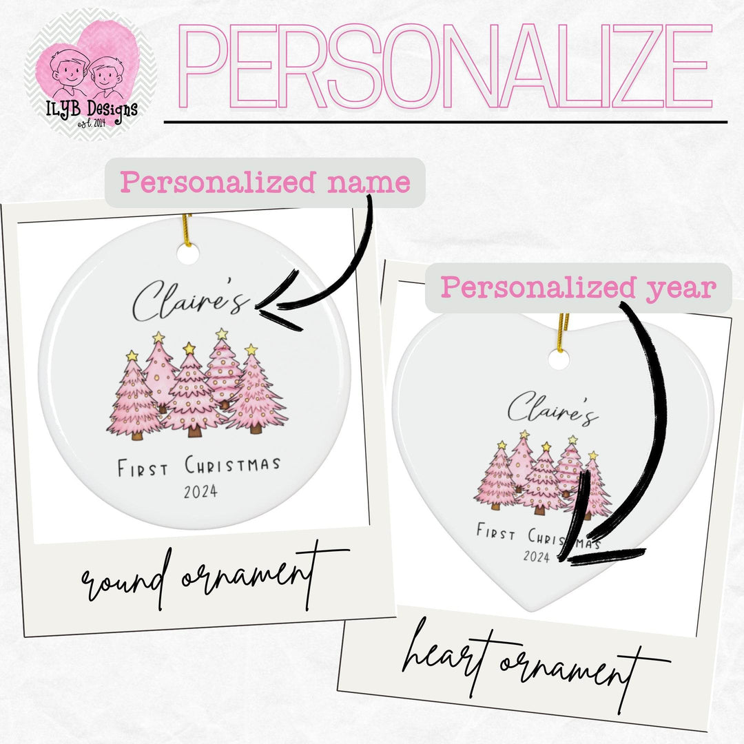 Graphic: Two personalized Christmas ornaments with trees and text, one round and one heart-shaped, on a white background. Arrow pointing to top to personalized name, arrow pointing to bottom to personalized year.