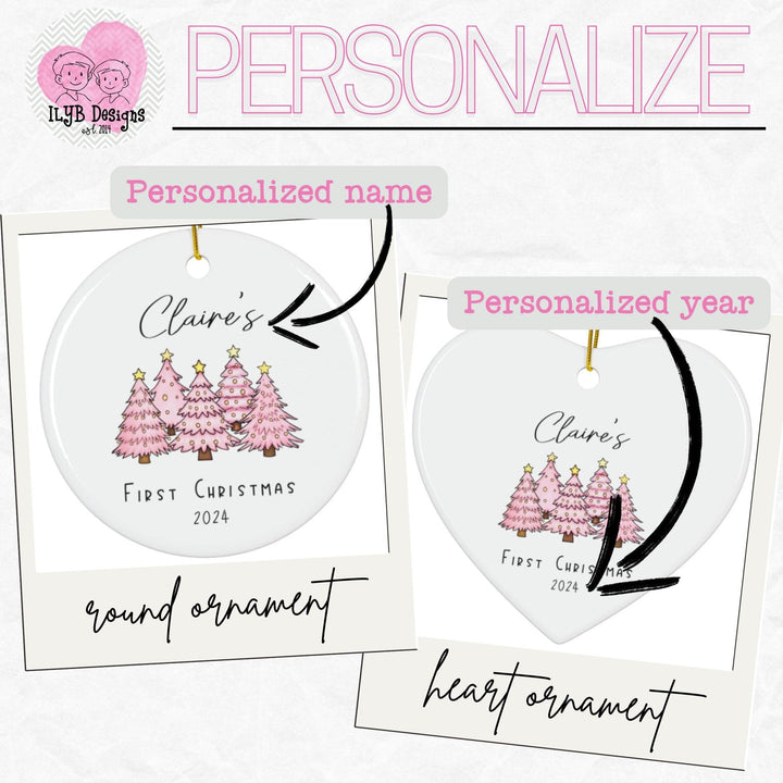 Graphic: Two personalized Christmas ornaments with trees and text, one round and one heart-shaped, on a white background. Arrow pointing to top to personalized name, arrow pointing to bottom to personalized year.