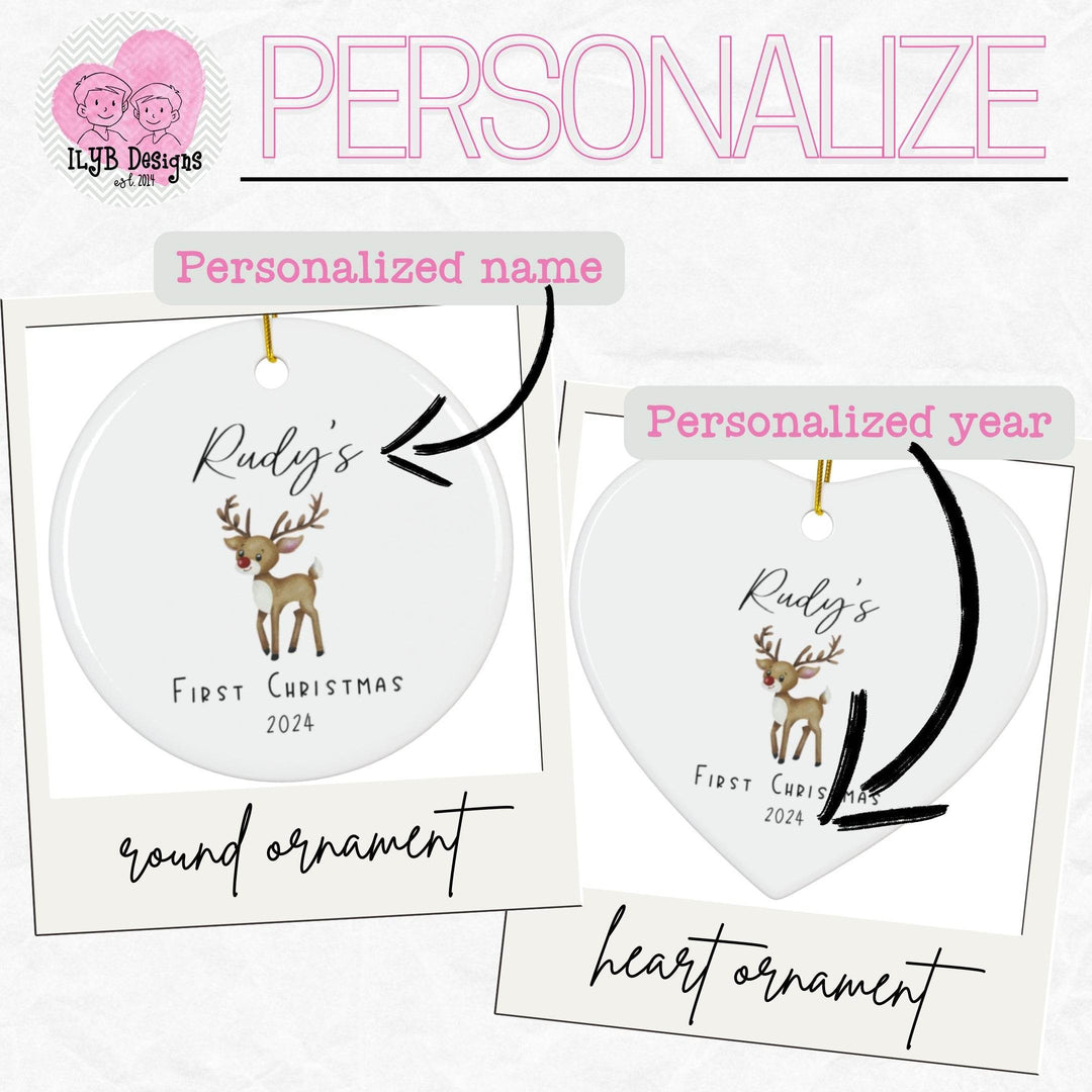 Two Christmas ornaments, one round and one heart-shaped with an arrow pointing to top where a personalized name goes and arrow pointing to bottom where personalized year goes.