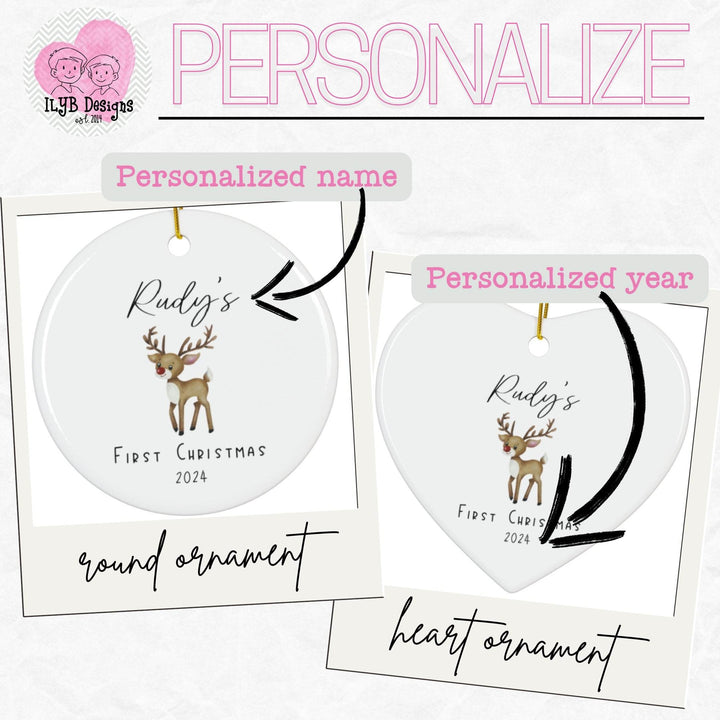 Two Christmas ornaments, one round and one heart-shaped with an arrow pointing to top where a personalized name goes and arrow pointing to bottom where personalized year goes.