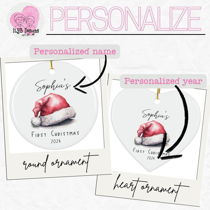 Graphic: Two Christmas ornaments, one round and one heart-shaped, with arrow pointing to personalized name on top and arrow pointing to bottom to the personalized year.