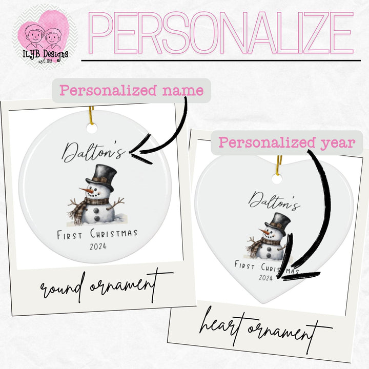 Graphic: Two Christmas ornaments, one round and one heart-shaped, with snowman design and arrow pointing on top for personalization name and arrow pointing bottom for personalized year.