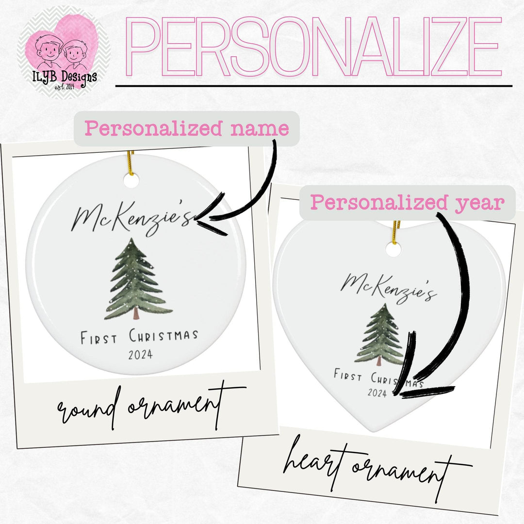 Graphic: Two Christmas ornaments, one round and one heart-shaped, with arrow pointing to top personalized name and arrow pointing to bottom to personalized year.