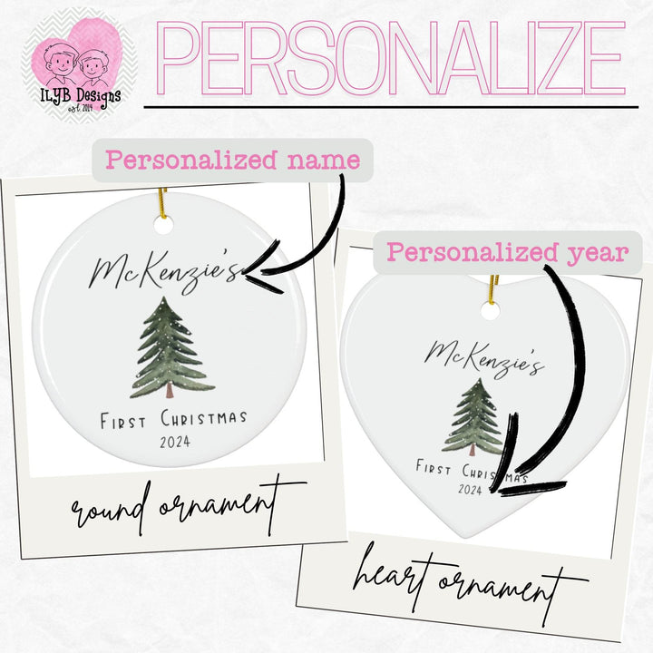Graphic: Two Christmas ornaments, one round and one heart-shaped, with arrow pointing to top personalized name and arrow pointing to bottom to personalized year.