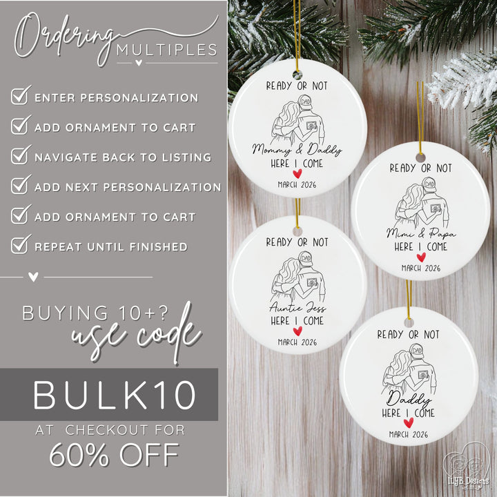 How to order multiple pregnancy ornaments. Enter personalization, add ornament to cart, navigate back to listing, add next personalization, add ornament to cart, repeat until finished. If you're buying 10 or more ornaments, use code BULK10 at checkout for 60% off your order.