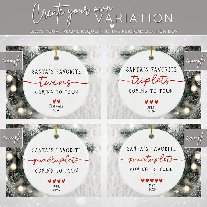 Graphic showing different examples of baby multiples variations you can personalize on your ornament - twins, triplets, quadruplets, quintuplets, etc.