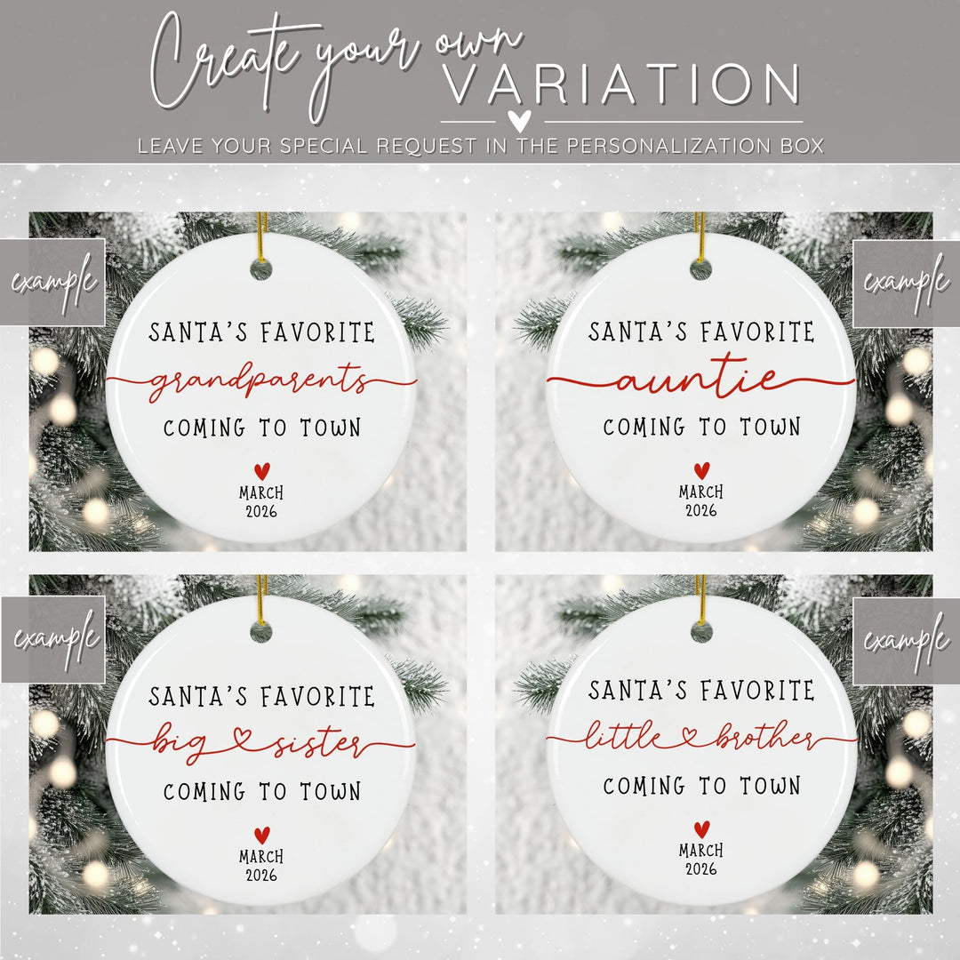 Graphic showing different examples of family member variations you can personalize on your ornament - grandparents, auntie, big sister, little brother