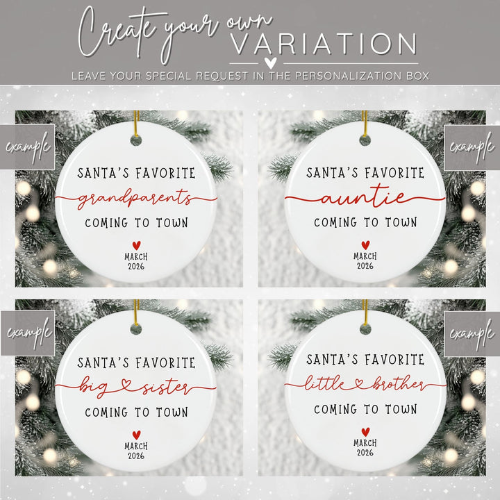Graphic showing different examples of family member variations you can personalize on your ornament - grandparents, auntie, big sister, little brother