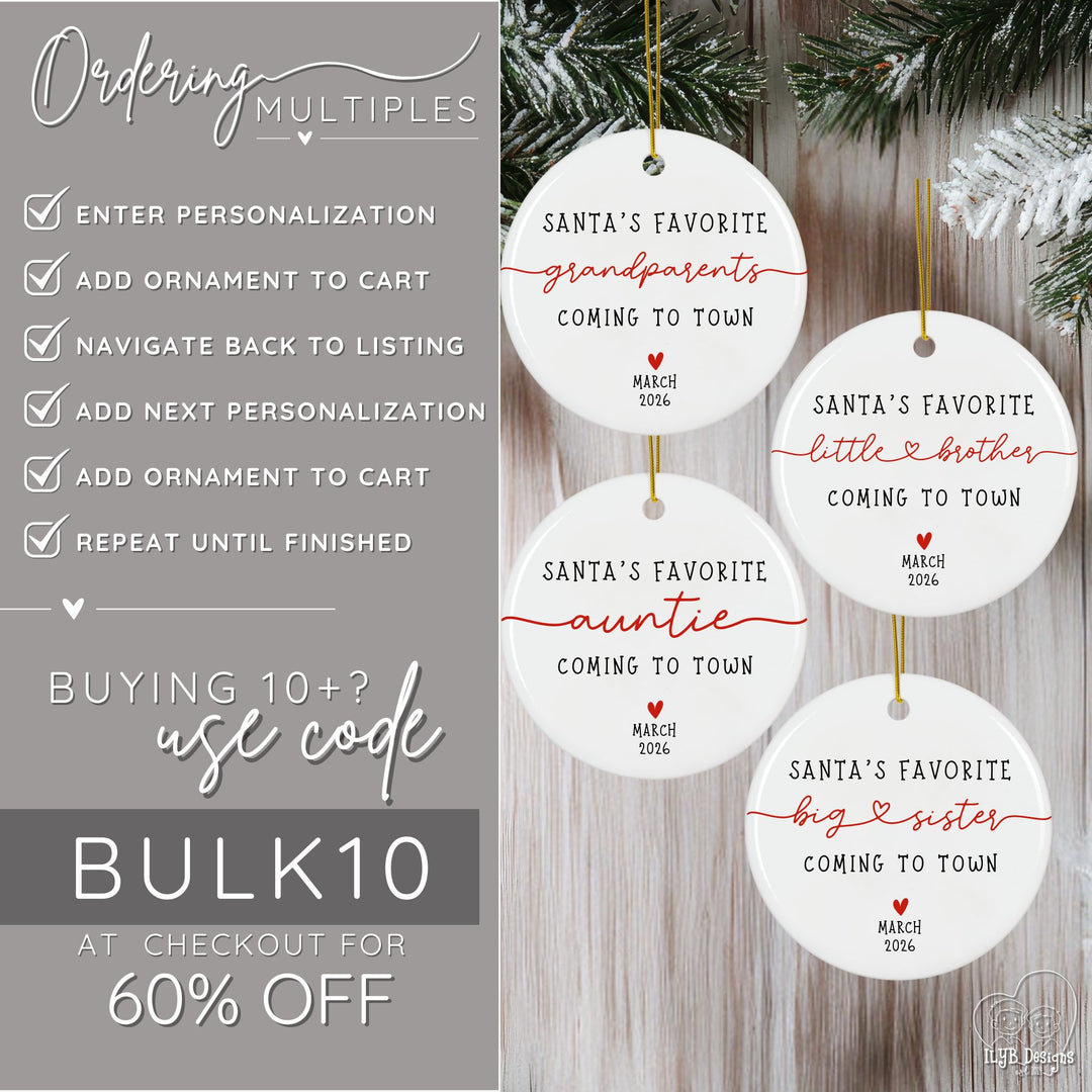 How to order multiple ornaments. Enter personalization, add ornament to cart, navigate back to listing, add next personalization, add ornament to cart, repeat until finished. If you're buying 10 or more ornaments, use code BULK10 at checkout for 60% off your order.