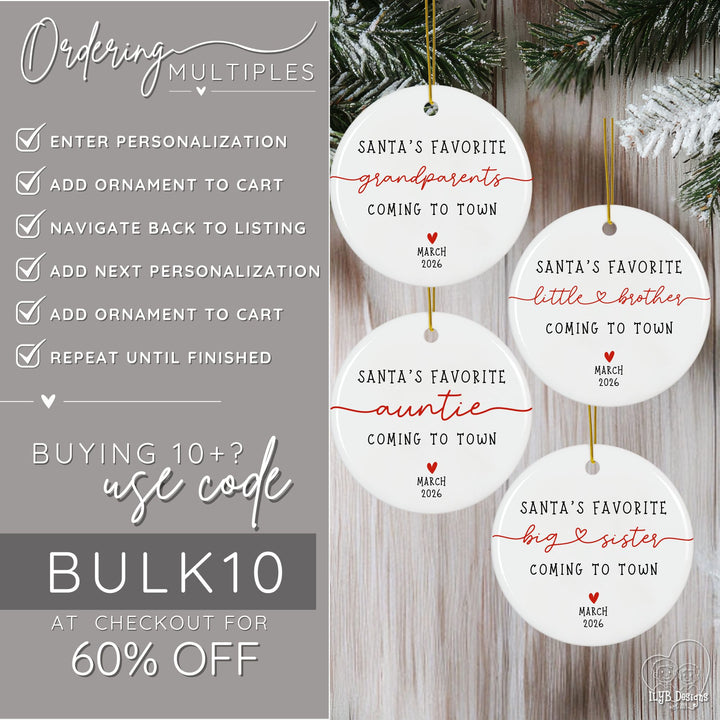 How to order multiple ornaments. Enter personalization, add ornament to cart, navigate back to listing, add next personalization, add ornament to cart, repeat until finished. If you're buying 10 or more ornaments, use code BULK10 at checkout for 60% off your order.