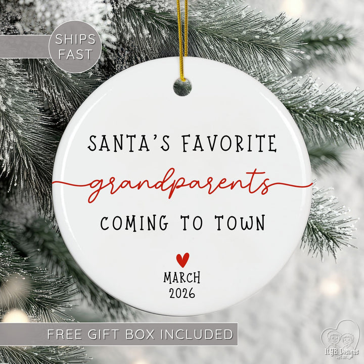 Christmas ornament with 'Santa's Favorite Grandparents Coming to Town' text on a tree.
