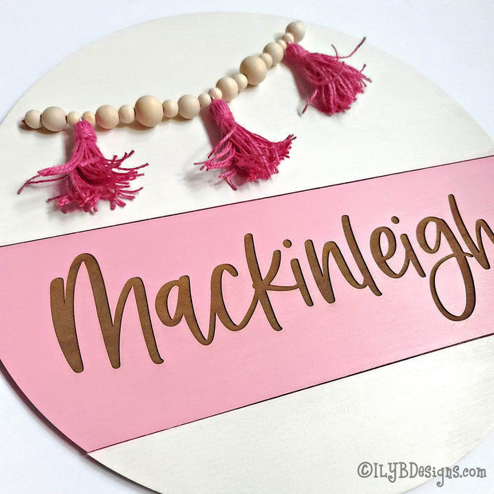 Bead Garland and Tassel Boho Nursery Name Sign | Round Shiplap Name Sign - ILYB Designs