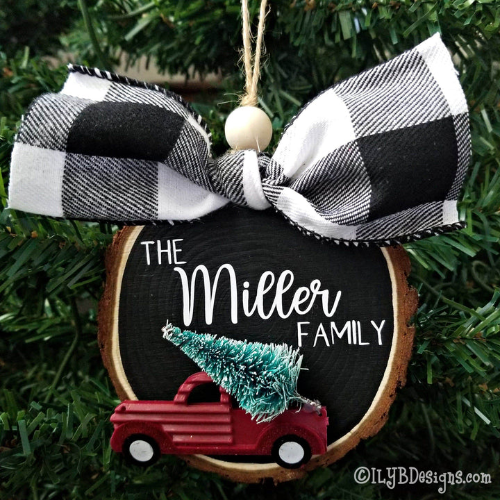 Personalized Red Truck Family Christmas Ornament | Personalized Wood Slice - ILYB Designs