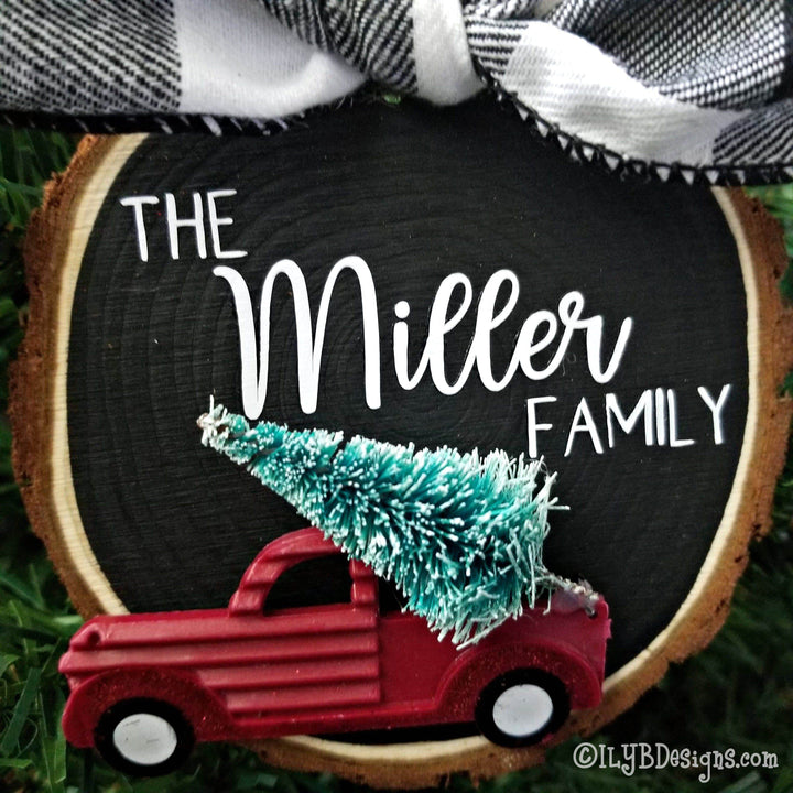 Personalized Red Truck Family Christmas Ornament | Personalized Wood Slice - ILYB Designs