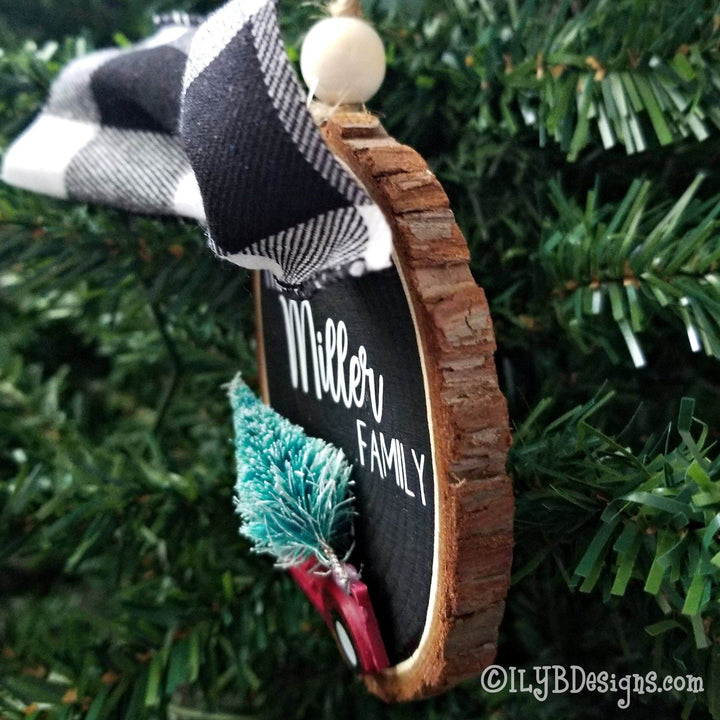 Personalized Red Truck Family Christmas Ornament | Personalized Wood Slice - ILYB Designs