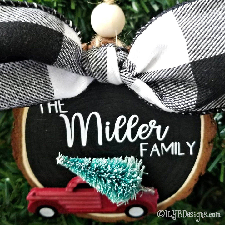 Personalized Red Truck Family Christmas Ornament | Personalized Wood Slice - ILYB Designs