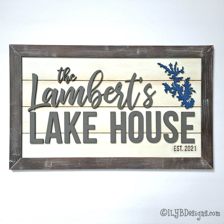 Family Lake House Shiplap Sign with Lake Silhouette - ILYB Designs