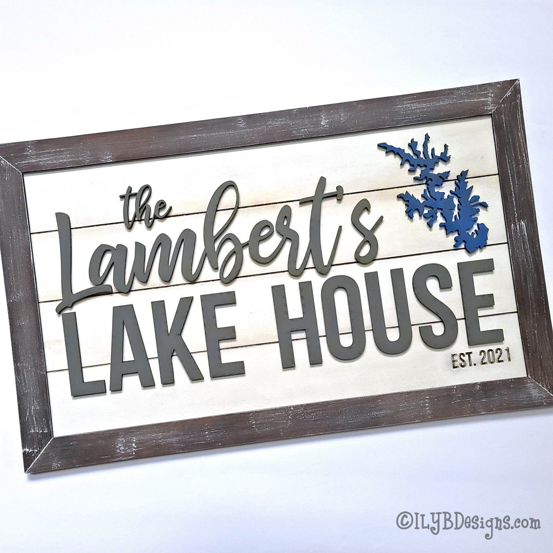 Family Lake House Shiplap Sign with Lake Silhouette - ILYB Designs