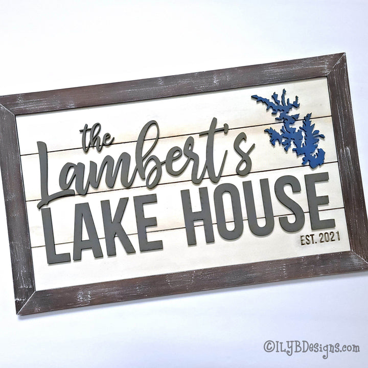 Family Lake House Shiplap Sign with Lake Silhouette - ILYB Designs
