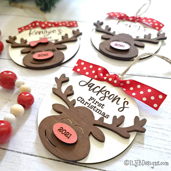 Baby's 1st Christmas Reindeer Ornament | Personalized Laser Cut Wood Ornament - ILYB Designs