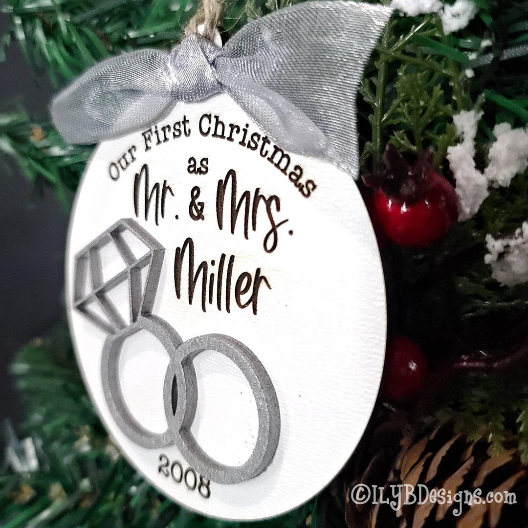 Our First Christmas as Mr. and Mrs. Ornament | Personalized Laser Cut Wood Ornament - ILYB Designs
