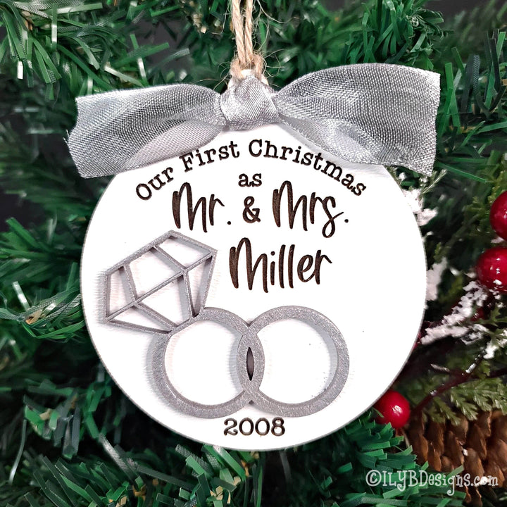 Our First Christmas as Mr. and Mrs. Ornament | Personalized Laser Cut Wood Ornament - ILYB Designs