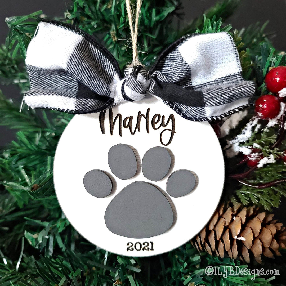 Pet Paw Print Christmas Ornament | Personalized Laser Cut Wood Ornament - ILYB Designs