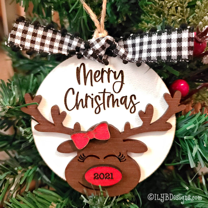 Merry Christmas Reindeer Ornament | Personalized Laser Cut Wood Ornament - ILYB Designs