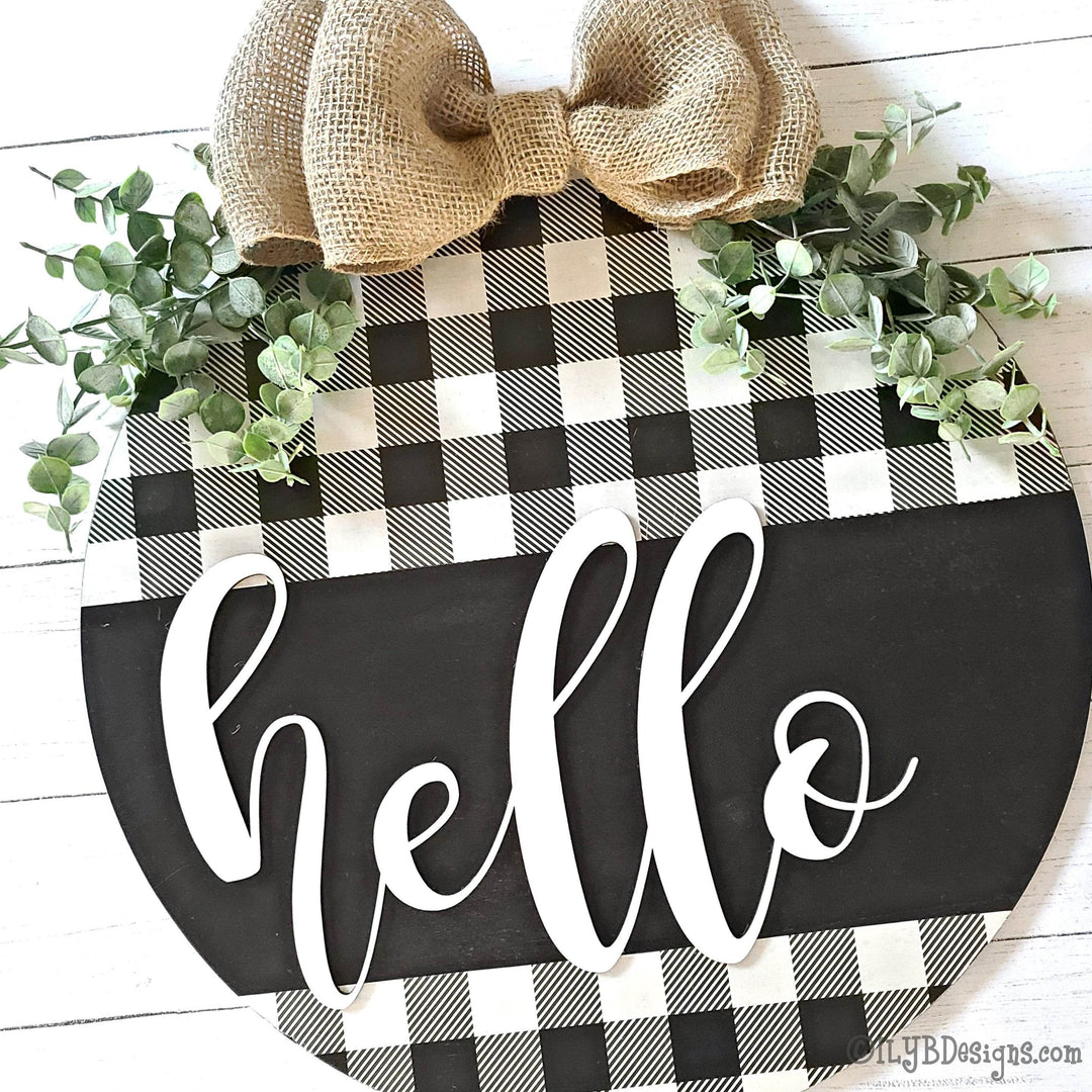 Round Hello Door Hanger | Black Buffalo Plaid Sign - ILYB Designs