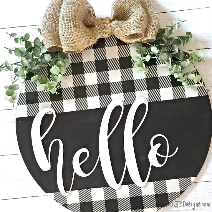 Round Hello Door Hanger | Black Buffalo Plaid Sign - ILYB Designs