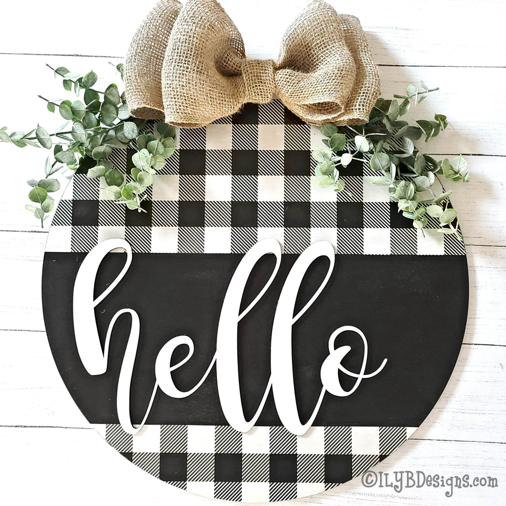 Round Hello Door Hanger | Black Buffalo Plaid Sign - ILYB Designs