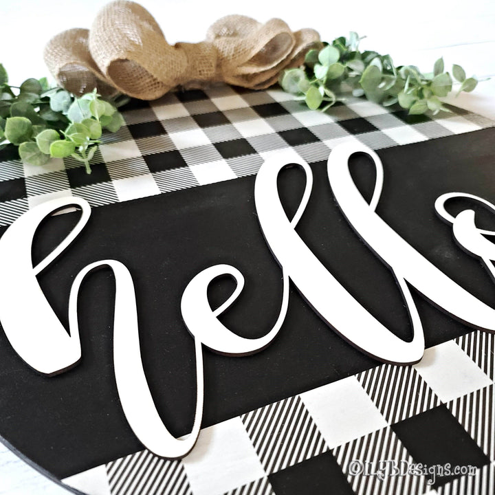 Round Hello Door Hanger | Black Buffalo Plaid Sign - ILYB Designs