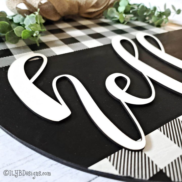 Round Hello Door Hanger | Black Buffalo Plaid Sign - ILYB Designs
