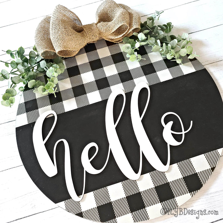 Round Hello Door Hanger | Black Buffalo Plaid Sign - ILYB Designs