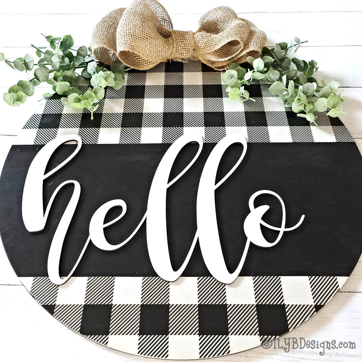 Round Hello Door Hanger | Black Buffalo Plaid Sign - ILYB Designs