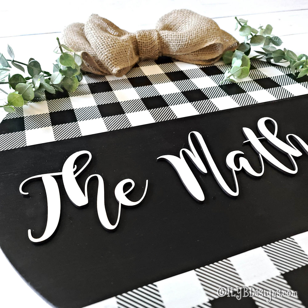 Round Family Name Door Hanger | Black Buffalo Plaid Sign - ILYB Designs