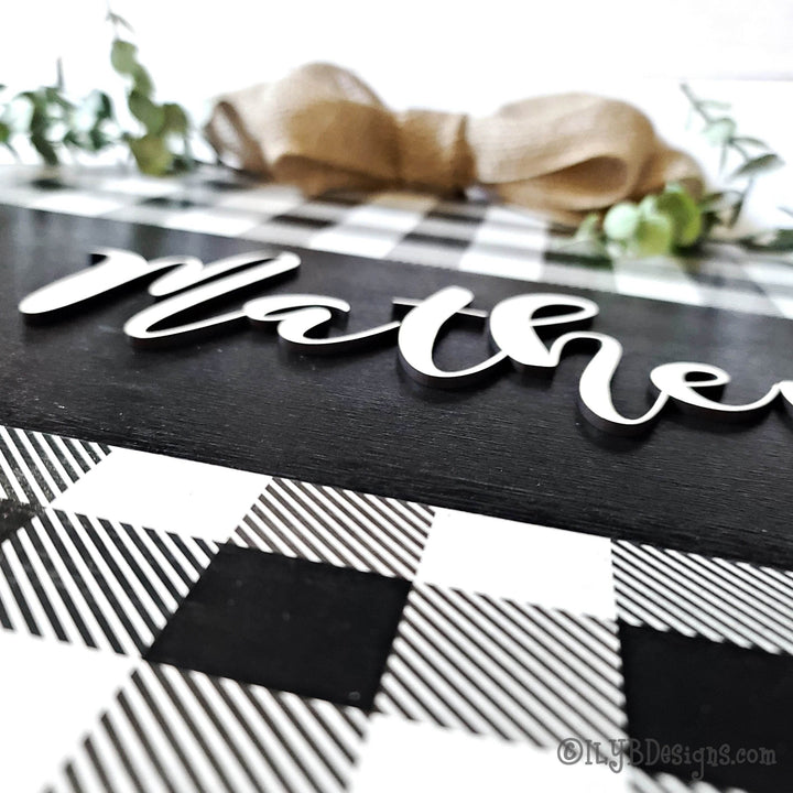 Round Family Name Door Hanger | Black Buffalo Plaid Sign - ILYB Designs