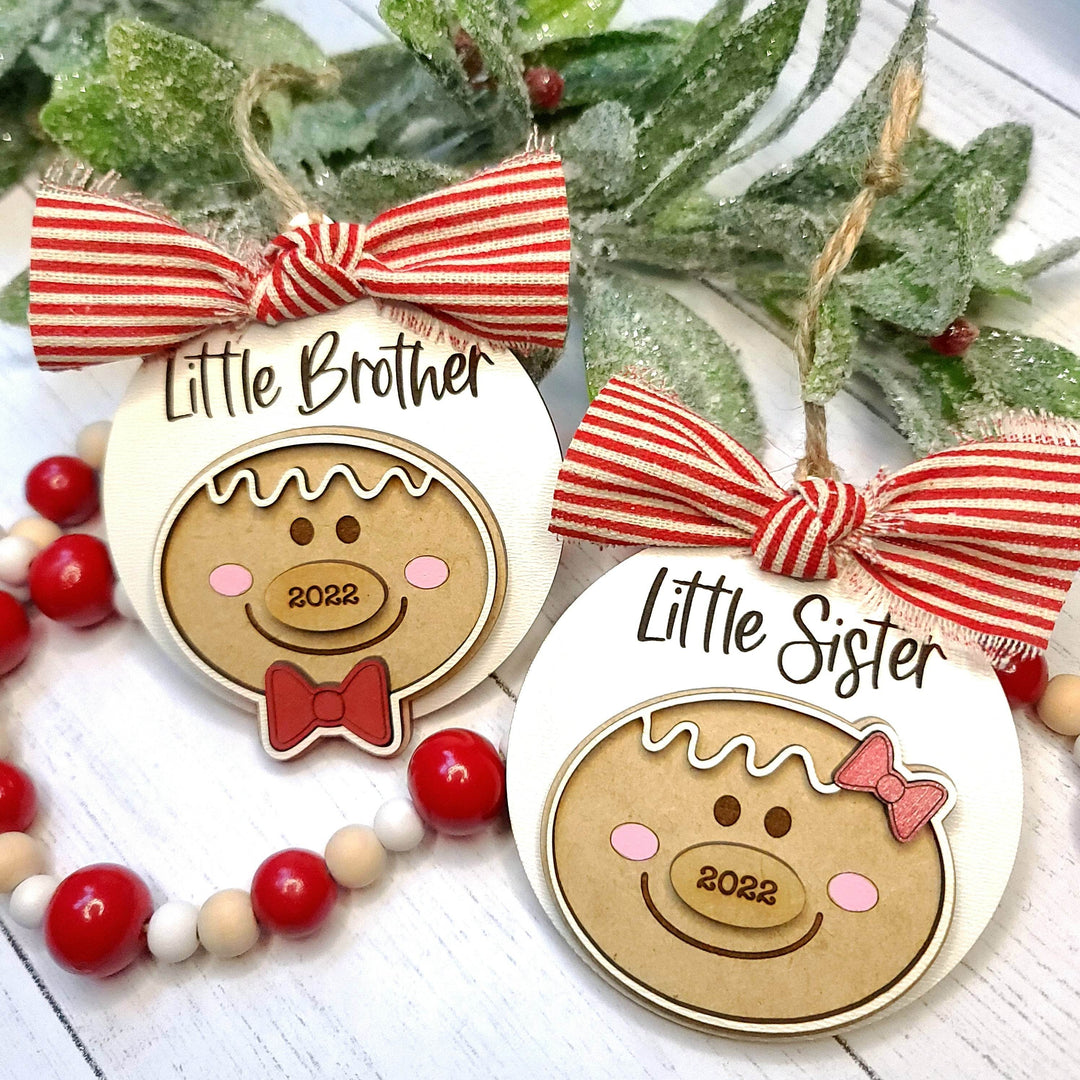 Little Sister / Little Brother Christmas Gingerbread Ornament | Personalized Laser Cut Wood Ornament - ILYB Designs
