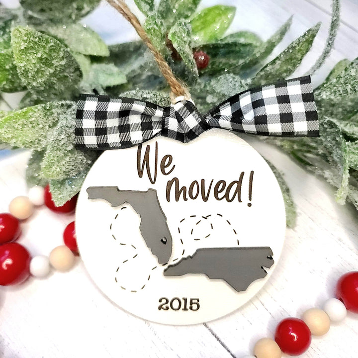 We Moved / New Adventures State Silhouette Christmas Ornament | Personalized Laser Cut Wood Ornament - ILYB Designs