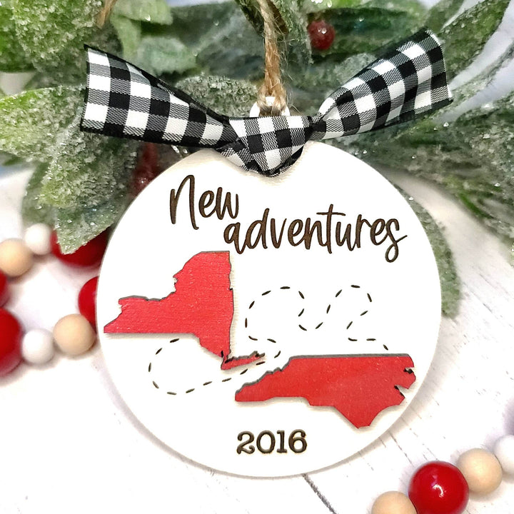We Moved / New Adventures State Silhouette Christmas Ornament | Personalized Laser Cut Wood Ornament - ILYB Designs