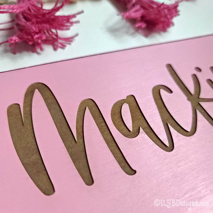 Bead Garland and Tassel Boho Nursery Name Sign | Round Shiplap Name Sign - ILYB Designs