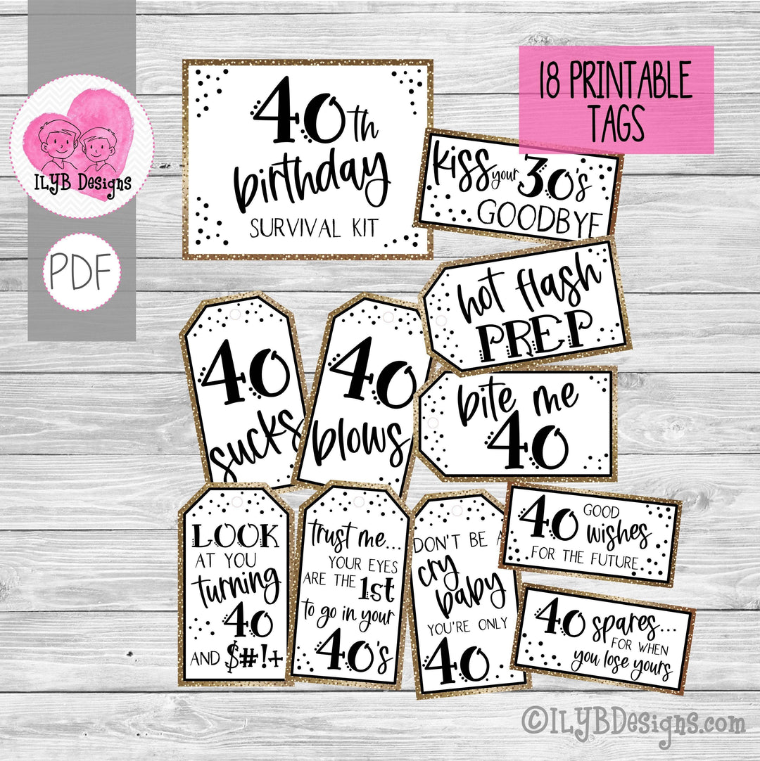 40th Birthday Survival Kit Printables - PDF Printable File - ILYB Designs