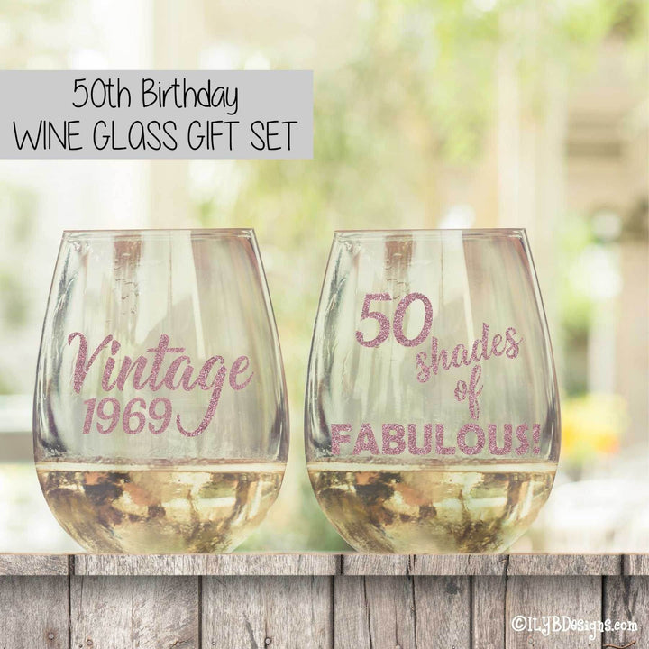 50th Birthday Wine Glass Set - VINTAGE & 50 SHADES OF FABULOUS - ILYB Designs