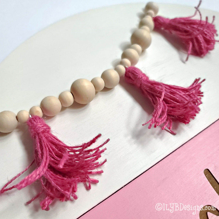 Bead Garland and Tassel Boho Nursery Name Sign | Round Shiplap Name Sign - ILYB Designs