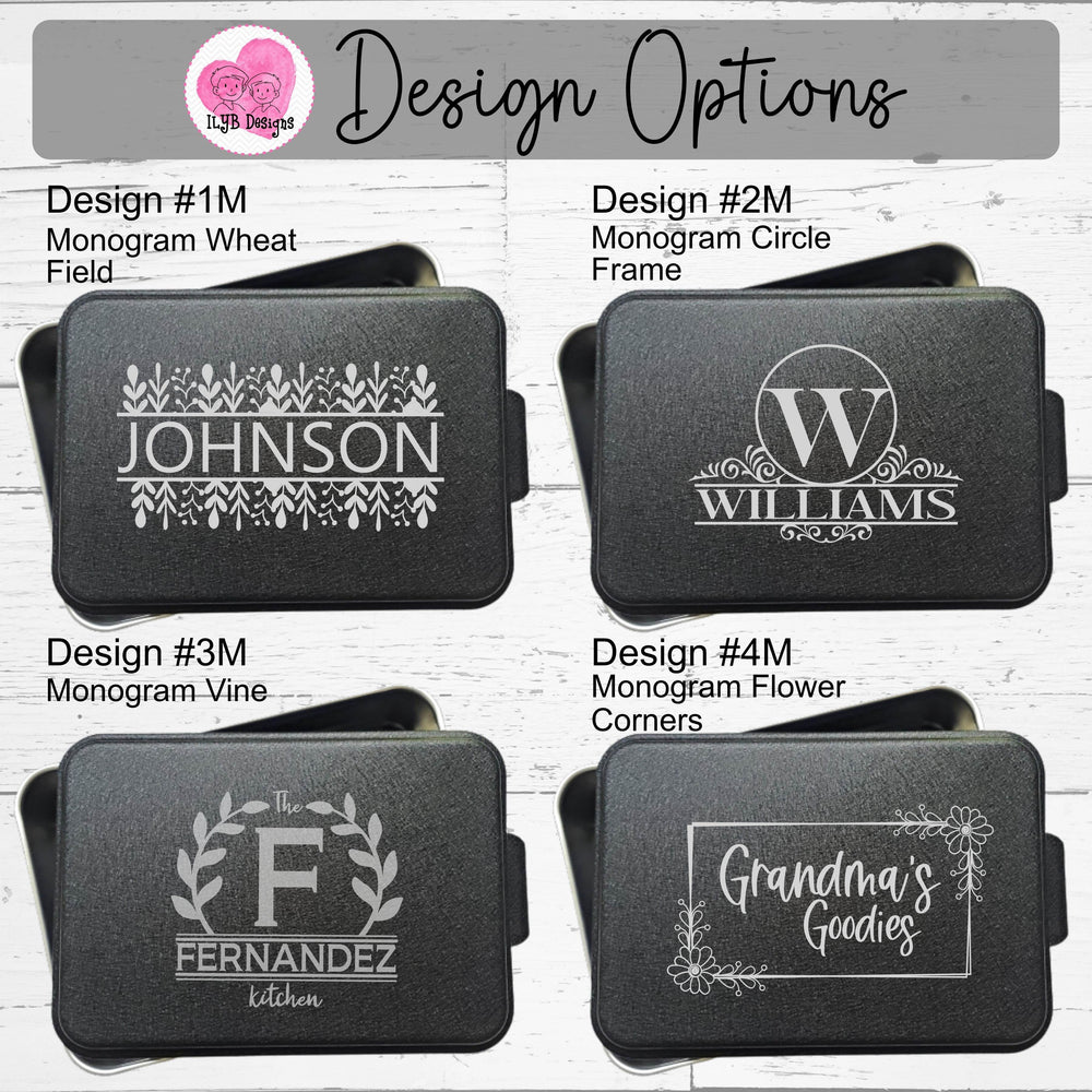 Graphic: Four cake pans with black lid personalized with 4 different monogram designs to choose from laser engraved on the lid.